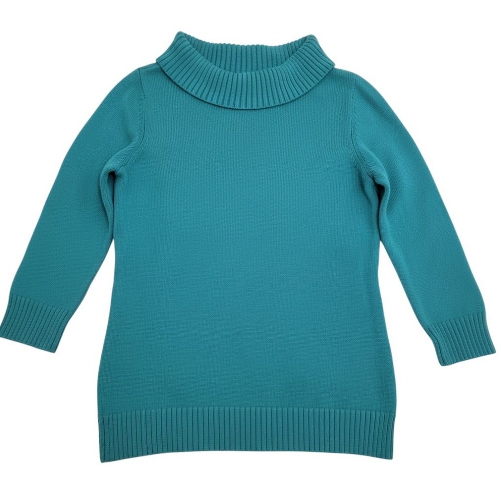 Talbots Womens Teal Blue Cowl Neck 3/4 Sleeve Cotton Knit Pullover Sweater Sz L